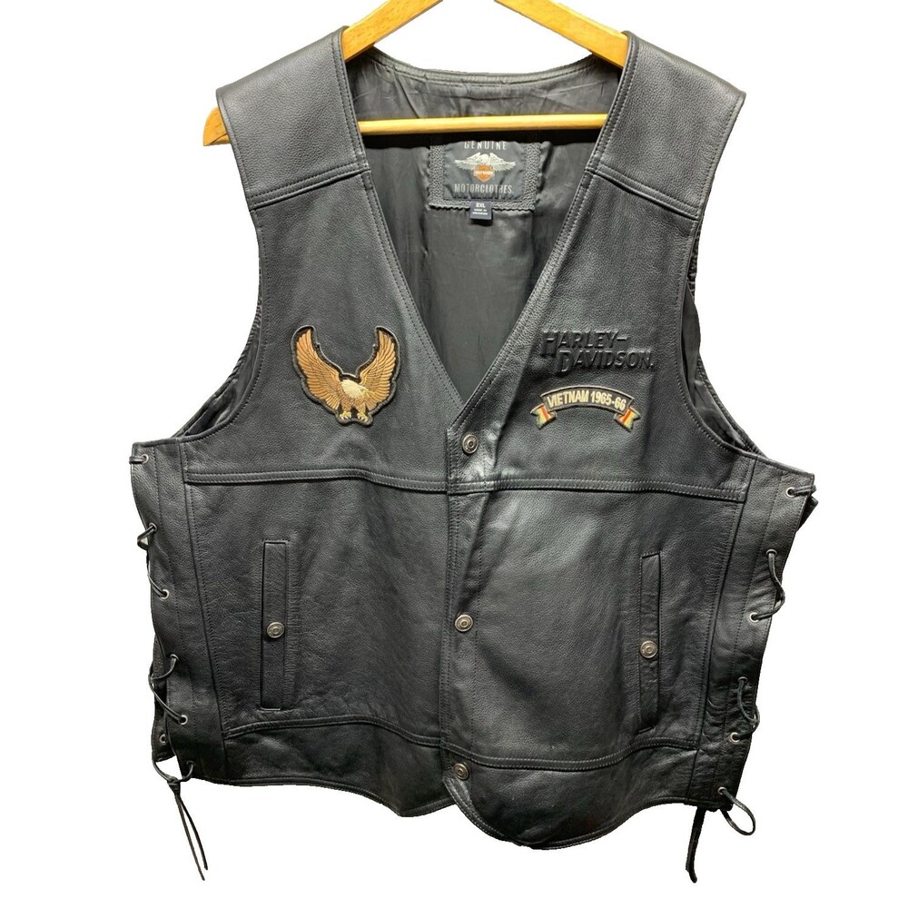 Harley Davidson Leather Vest 2XL Mens Black Cowhide Biker Side Lace